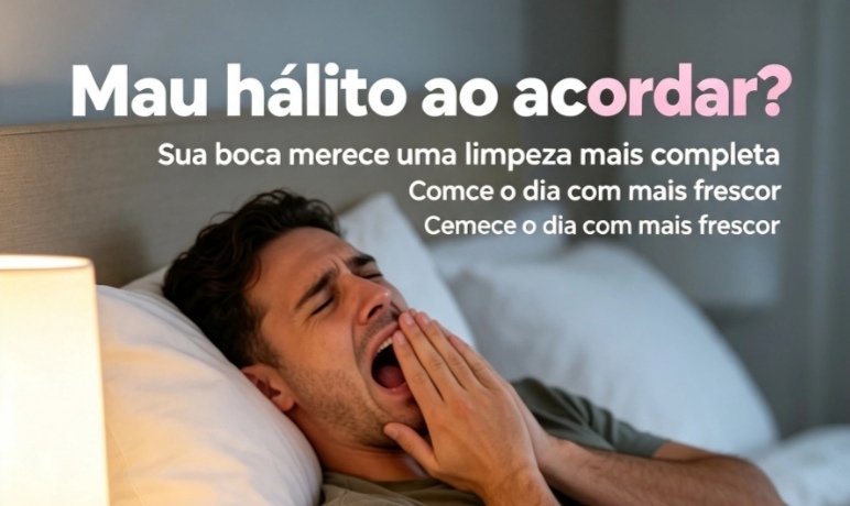 Homem acordando e bocejando na cama, remetendo ao mau hálito matinal