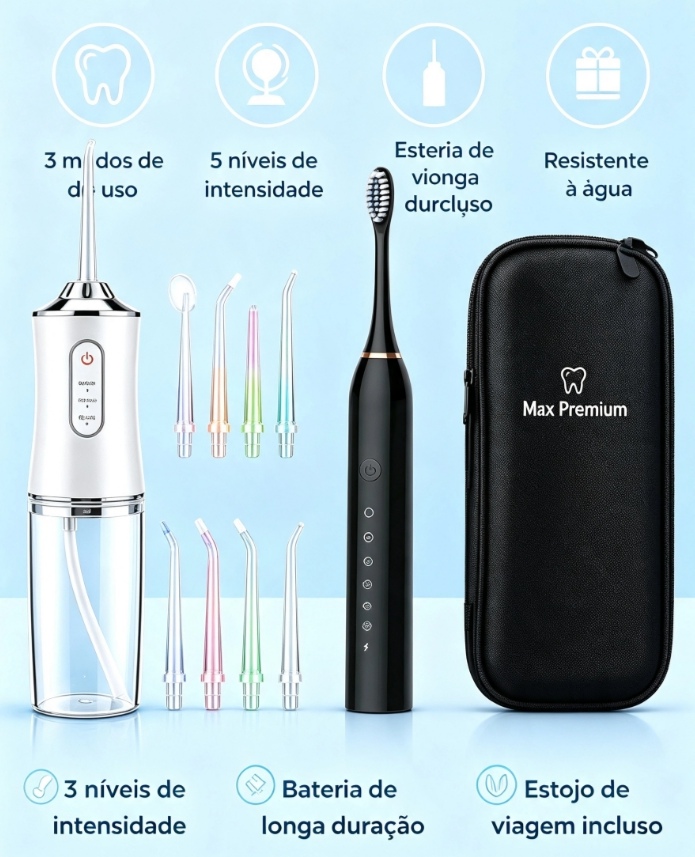 Kit Bucal Max Premium completo: irrigador oral, escova elétrica sônica, bicos intercambiáveis e estojo de viagem