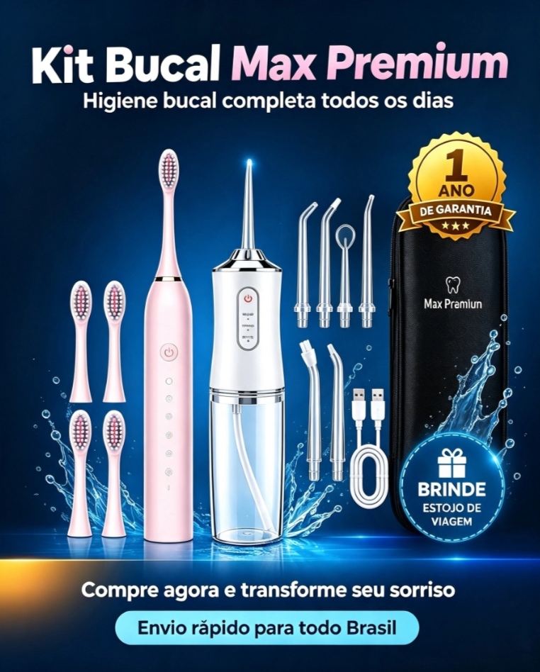 Kit Bucal Max Premium completo com escova, irrigador, bicos, cabo USB, estojo de viagem e selo de 1 ano de garantia