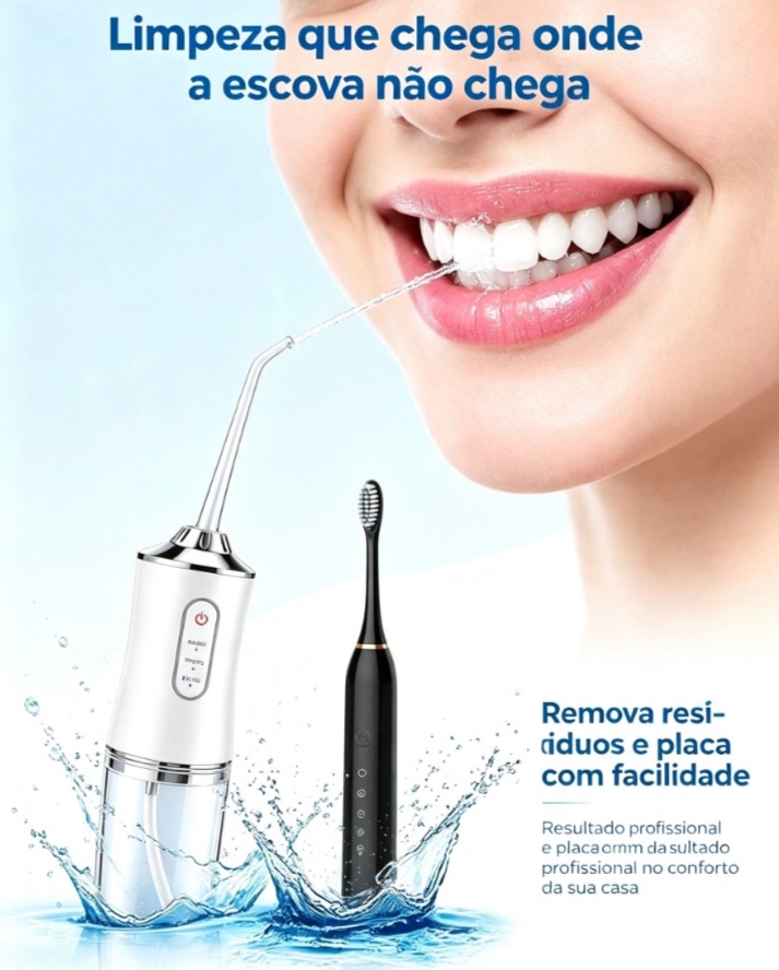 Jato de água limpando entre os dentes, removendo resíduos que a escova não alcança